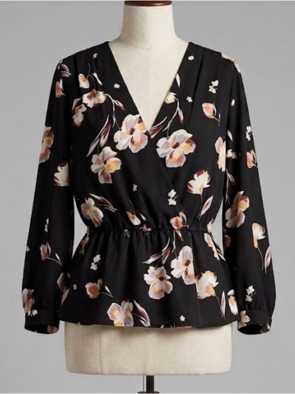 Halogen Floral Faux Wrap Peplum Blouse Long Sleeve Black V-Neck Professional